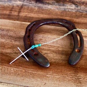 Cross Necklace, long silver chain, genuine turquoise, Mothers Day gift! New!